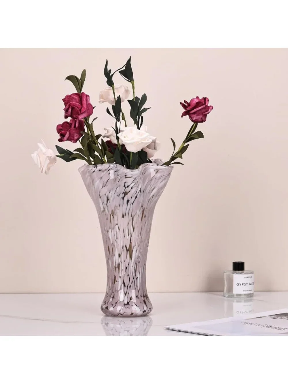 9.0 Pink Glass Vases For Flower Bouquet Unique Hand Blown Wide Mouth Shelf Deco